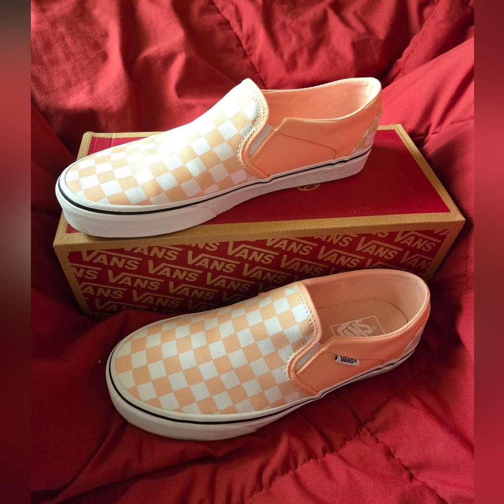 Vans Peach and White Checkered Slip-Ons